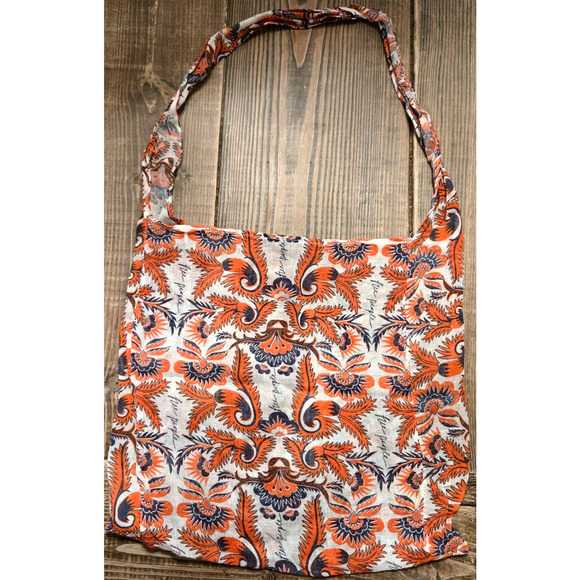 Free People Hobo Tote Shoulder Bag Orange Linen Floral Beach Boho Hippie Gauzy - Picture 1 of 8